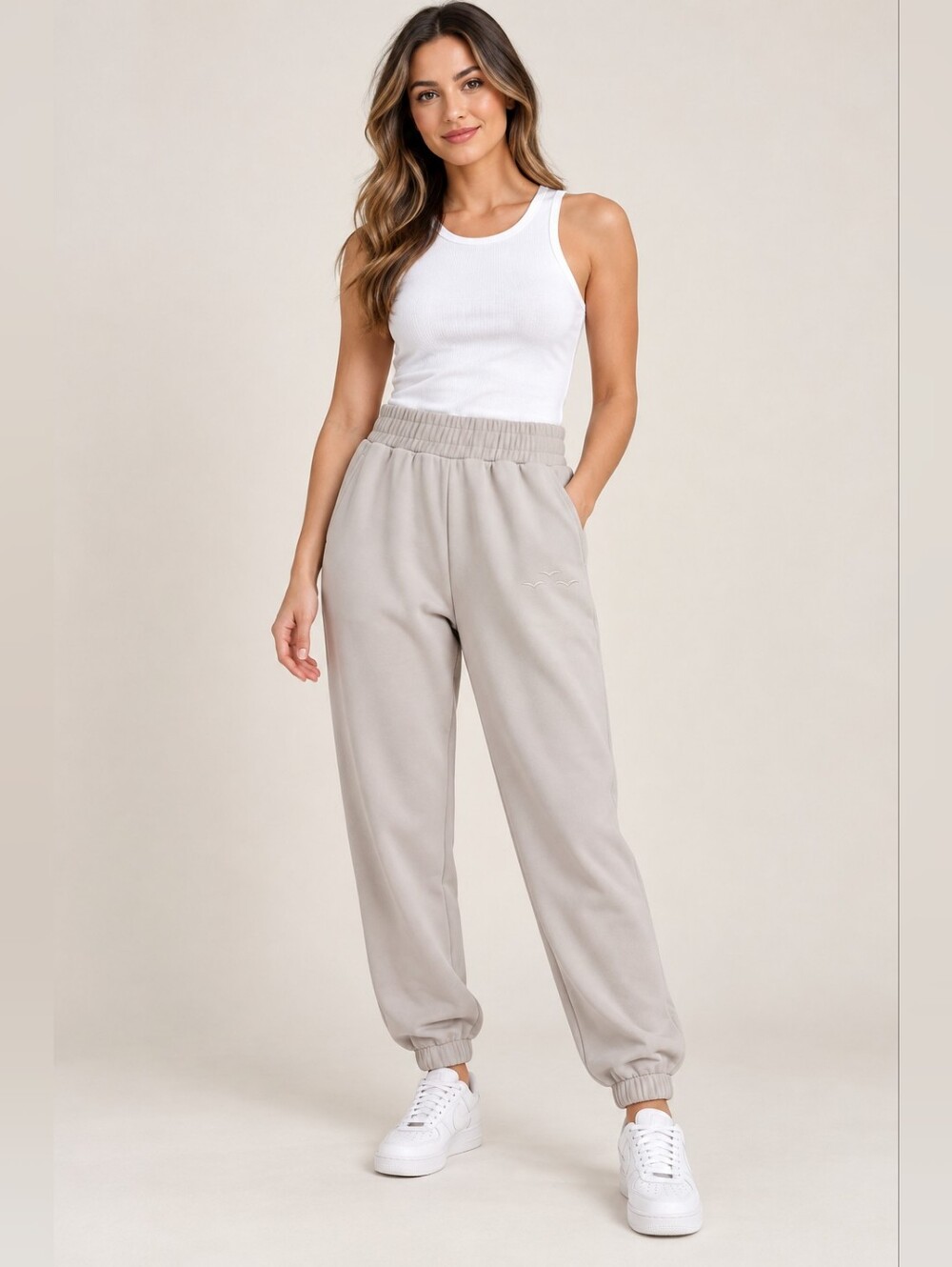 High-Rise Elastic-Waist Joggers in Light Taupe